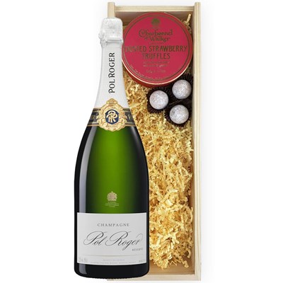 Magnum of Pol Roger Brut Reserve Champagne 150cl And Strawberry Charbonnel Truffles Magnum Box